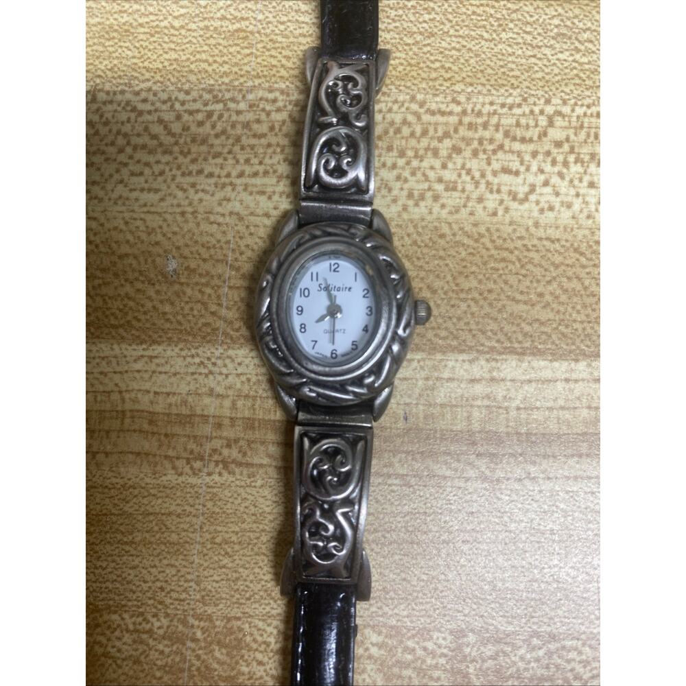 SOLITAIRE WOMEN’S Quartz Watch Silver Tone JAPAN MOV’T Black Leather Band